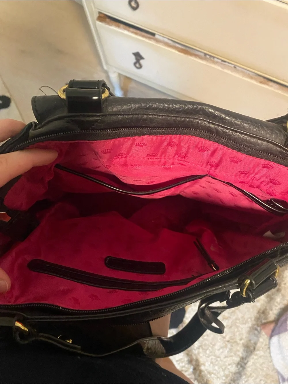 Juicy Couture Black Shoulder Bag with Gold Plaque- pink interior